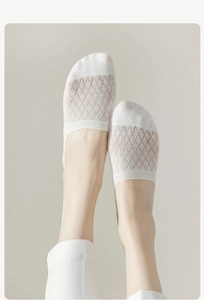 Detail of white mesh breathable no-show socks with reinforced toe and diamond pattern