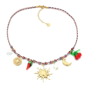 Bohemian woven rope necklace with gold sun, heart, and cherry charms on a white backdrop