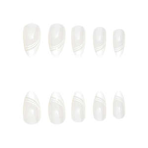 Minimalist almond press-on nails with nude pink base and white diagonal stripes