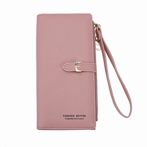Portafoglio lungo da donna in ecopelle rosa con cinturino da polso e chiusura a scatto