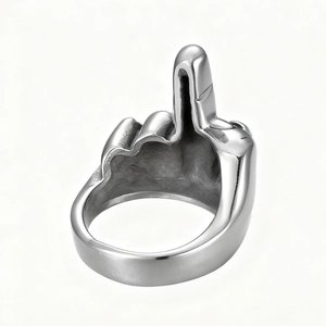 Polished silver 316 stainless steel middle finger gesture ring for men on white background