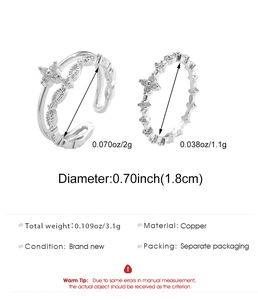Detail specifications of copper star ring set showing 1.8cm diameter and 3.1g weight
