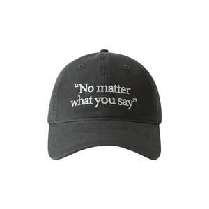 Dark gray soft top baseball cap with white embroidered English text on a white background