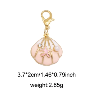 Pink shell pendant with golden starfish and pearl details, lobster clasp, 3.7x2cm
