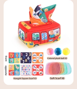 Baby sensory tissue box toy set with plush red bus, soft scarves, and colorful pom-poms