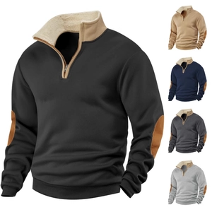 Men Vintage Half Zip Sweatshirt Fleece Stand Collar Patchwork Elbow Long Sleeve Casual Urban Top Pullover