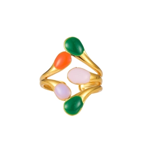 Adjustable gold stainless steel ring with colorful teardrop enamel leaf details