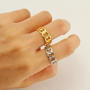 Minimalist Curb Link Chain Ring 18K Gold Plated Stainless Steel Geometric Open Adjustable Trendy Jewelry For Women