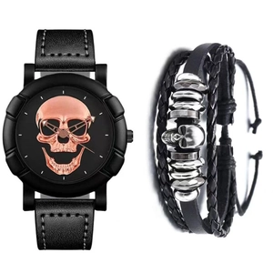 Men's hip-hop watch and bracelet set featuring a 3D skull dial and woven leather strap