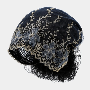 Breathable lace floral turban hat for women with gold embroidery and mesh lining