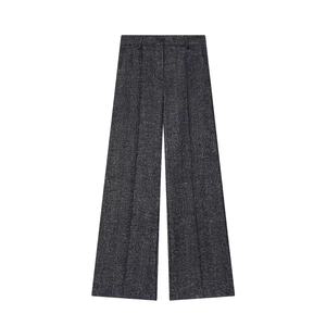 Pantaloni grigi scuri a spina di pesce a gamba larga con trama spessa in tweed su bianco
