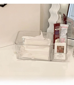 Close-up of clear plastic tissue box organizer with multi-grid storage and butterfly handle