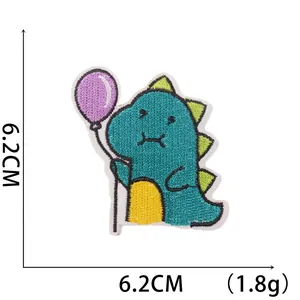 Cartoon blue dinosaur embroidery patch with purple balloon, 6.2cm iron-on applique for bags