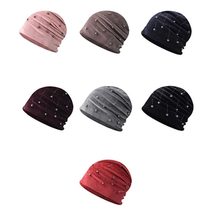 Soft chenille beanies for women in 7 colors with pleats and silver bead details