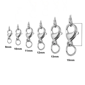 Various sizes of silver stainless steel lobster clasps from 9mm to 15mm for jewelry DIY