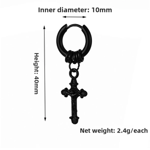 Detail view of black hollow cross earrings with 40mm length and 10mm inner diameter