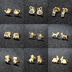Cute Animal Stud Earrings Stainless Steel Hollow Heart Whale Bee Giraffe Cat Rabbit Minimalist Jewelry For Women