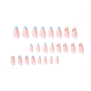 French blue tip almond press on nails with delicate floral patterns on 24 piece set