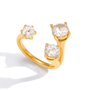 Classic 16K gold plated stainless steel open ring with three white zircon stones