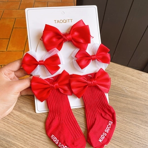Red bow headband, hair clips and kids socks gift set for baby girls photoshoot