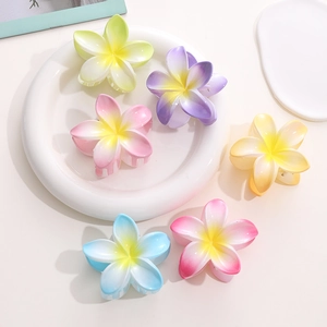 Colorful plumeria flower hair claws in six vibrant gradient shades on a ceramic display