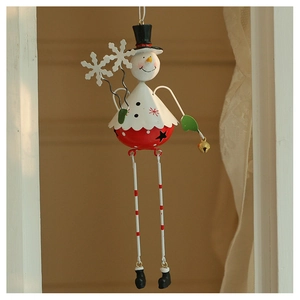 Detailed view of hand-painted iron snowman ornament with bells and holiday details