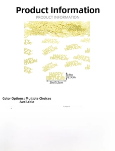 Detailed view of gold glitter Happy Birthday confetti with precise size measurements