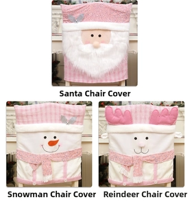 Detail of pink sequin Christmas chair covers featuring Santa, snowman and reindeer designs