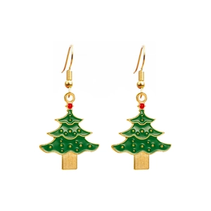 Detailed view of green enamel Christmas tree earrings with gold finish and ear hooks