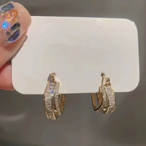 Golden double-layer square zircon hoop earrings with a cross-over minimalist design