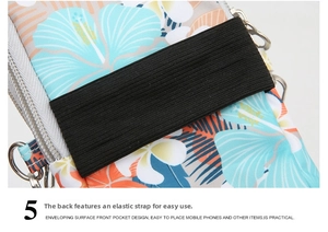 Detail of the elastic armband and tropical floral print on the oxford phone crossbody bag