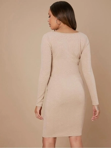 Slim fit long sleeve ribbed knit maternity dress in apricot shown from a back view