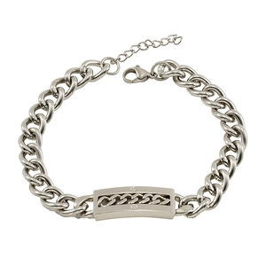 Detail view of silver titanium steel Cuban link bracelet with rectangle screw design