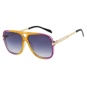 Fashionable square double bridge sunglasses with purple yellow gradient frames and gray lenses