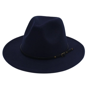 Detail of dark blue felt fedora showing black leather strap and golden metal buckle