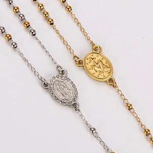 Rosary Necklace 304 Stainless Steel Cross Pendant Virgin Mary Medallion Rhinestone Religious Commemorative Jewelry Women