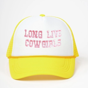 Classic white and yellow trucker hat with pink Long Live Cowgirls embroidery