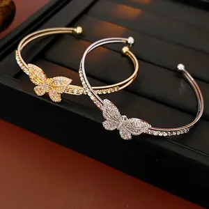 Butterfly Open Bangle For Women Elegant Copper Zirconia Adjustable Luxury Style Plated Shiny Cuff Hand Jewelry