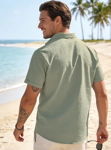 Close-up of Sage Green men's shirt showing the breathable seersucker texture and back fit