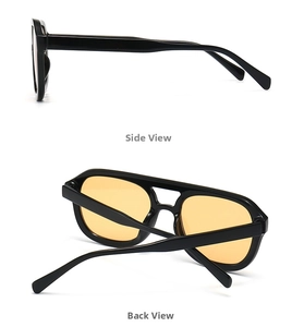 Side and back view of retro square aviator sunglasses with amber lenses and black frame