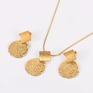 Detail showing irregular textured square and round gold necklace and earring set