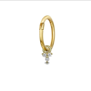 Gold huggie hoop earrings featuring a three-stone cubic zirconia triangle charm pendant