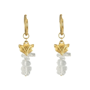 Golden stainless steel fox face earrings with elegant natural white stone pendants
