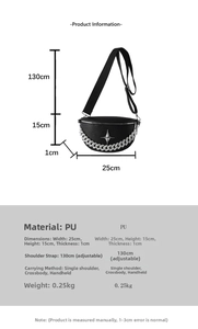 Detailed size chart for black PU crossbody bag with 25cm width and silver star accents