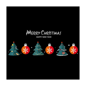 Flache Vektor-Weihnachtsaufkleber mit bunten Bäumen und Merry Christmas Schriftzug