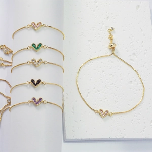 Adjustable gold box chain heart bracelets with colorful cubic zirconia in five vibrant colors