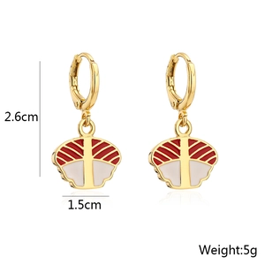 Detail view of gold earrings with red and white enamel charms including dimensions and weight