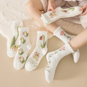 Thick coral fleece socks for women featuring tulip embroidery and cute bear details