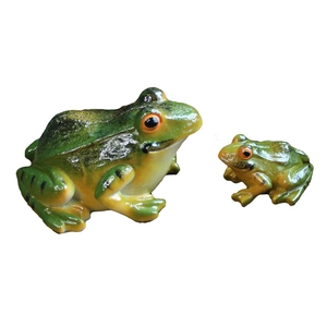 Set of two realistic resin frog garden statues with vibrant green and yellow gradient details