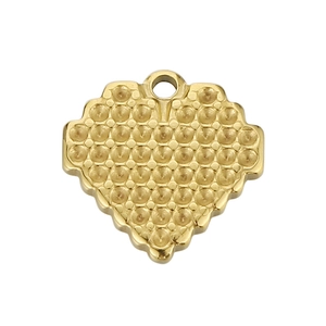 Golden stainless steel heart pendant with honeycomb texture and round bail on white background